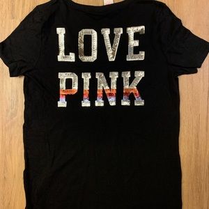 VS Pink Sequin Bling V Neck Tee Large
